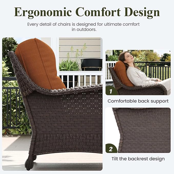 LayinSun 3 Piece Wicker Outdoor Furniture Set with 6-inch Comfy Cushions, High Back Patio Furniture Set with Rattan Armchairs and Side Table