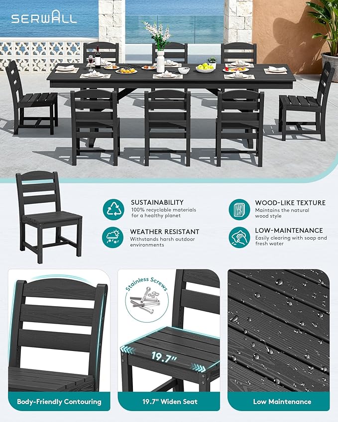 SERWALL 9 Piece Outdoor Dining Set, 84" HDPE Outdoor Table and Armless Chairs Set for 8，All Weather Patio Furniture Set with Umbrella Hole for Backyard, Garden, Black