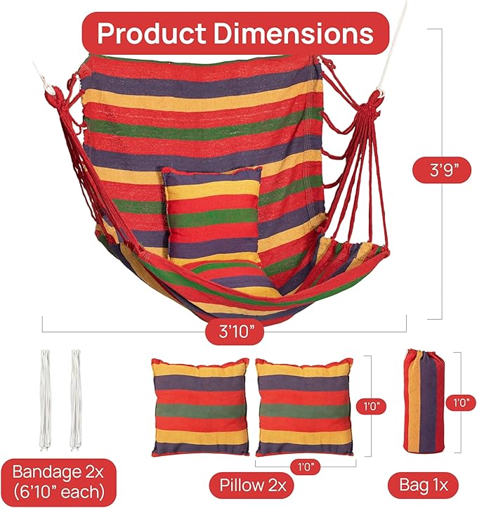 Gardenised Multicolor Striped Fabric Hanging Hammock Chair with Two Matching Cushions Hanging Ropes & Storage Bag Suitable for Patios Balconies Porches and Compatible Indoor Overhead Supports