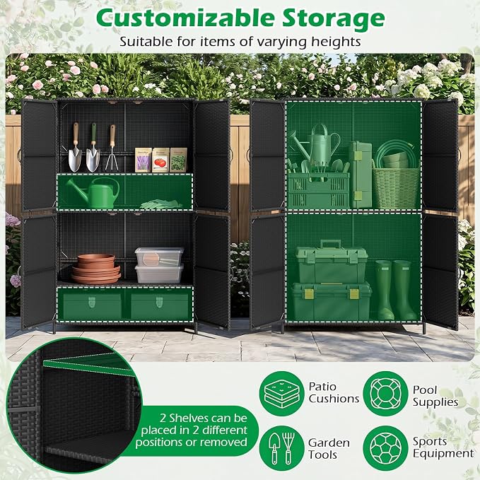 Tangkula Rattan Outdoor Storage Cabinet, Patiojoy Outdoor Cabinet with 2 Adjustable Shelves, 4 Doors, Patio Storage Deck Box Table for Patio Garden Poolside