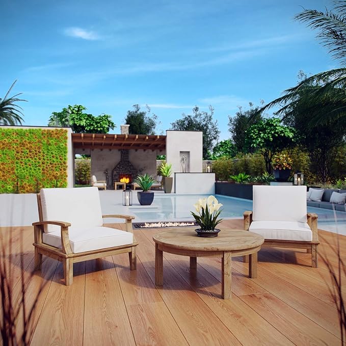 Modway 3-Piece Marina Outdoor Patio Teak Sofa Set, Natural White