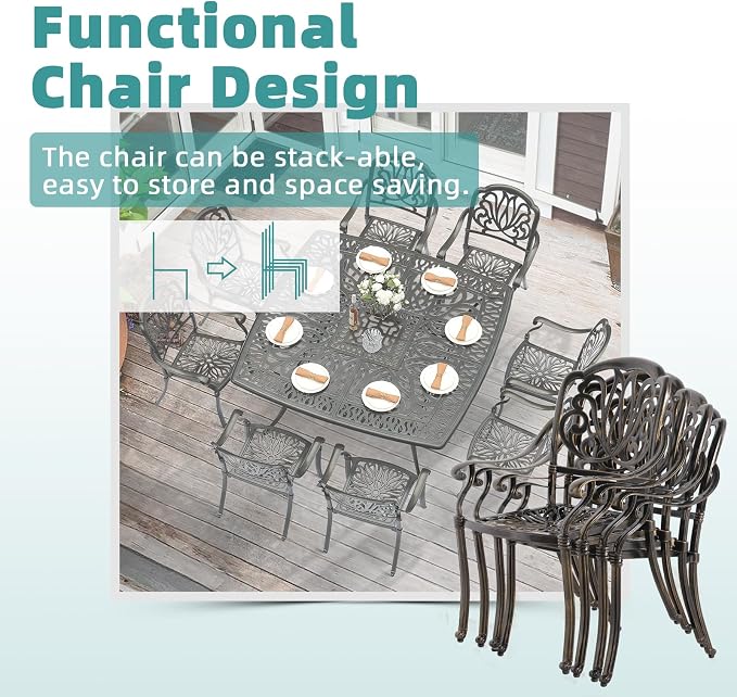 MEETWARM 9-Piece Outdoor Furniture Dining Set for 8, All Weather Cast Aluminum Patio Dining Set- Large 64" Square Table with Umbrella Hole and 8 Cushioned Chairs, Patio Table and Chairs Set, Navy Blue
