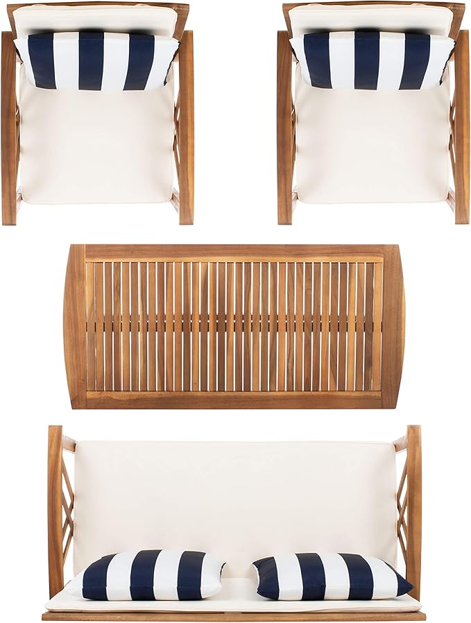 SAFAVIEH Outdoor Collection Fontana Natural/ Beige Cushions/ Thick Stripe Pillows 4-Piece Conversation Patio Set