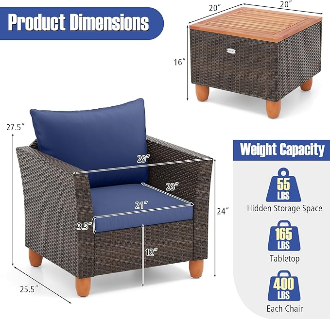 Tangkula 3-Piece Patio Furniture Set, Patiojoy Outdoor PE Wicker Bistro Set with Soft Cushions and Solid Acacia Wood, Outdoor Conversation Set with Porch, Balcony and Garden (Navy)