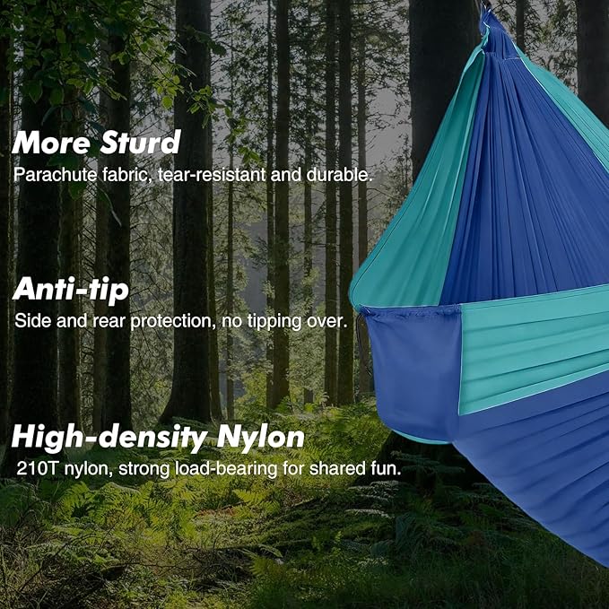PeakPursuit Camping Double Hammock, Portable Hammock with Tree Straps, Tree Hammocks, Perfect for Outside Indoor Hiking Beach Backpack Travel, Blue