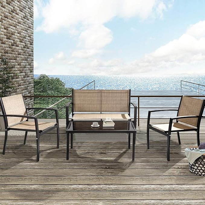 Tuoze 4 Pieces Outdoor Patio Furniture Conversation Glass Coffee Table Bistro Set with Loveseat Garden Yard Lawn and Balcony (Yellow),901DBG