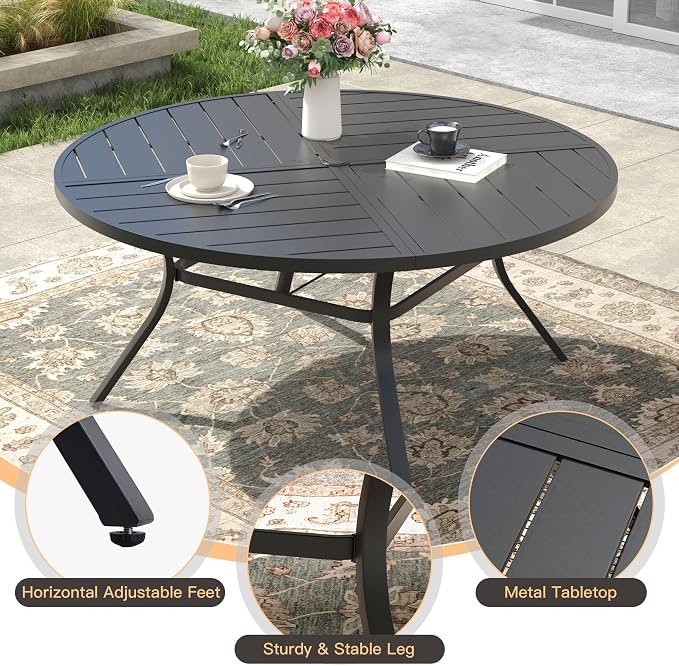 9 Pieces Outdoor Dining Set, 53.1" Spliced Patio Table with Umbrella Hole & Stackable Outdoor Dining Chairs, Patio Furniture Set for Deck Garden Porch, Brown Chairs & Black Table