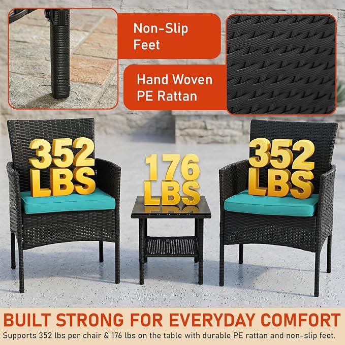 NChanmar 3 Pieces Patio Furniture Outdoor Bistro Set Outdoor&Indoor Conversation Set Coffee Table Chairs Set for 2 with Water-Resistant Cushions for Lawn Yard Garden Porch Balcony and Pool,Blue