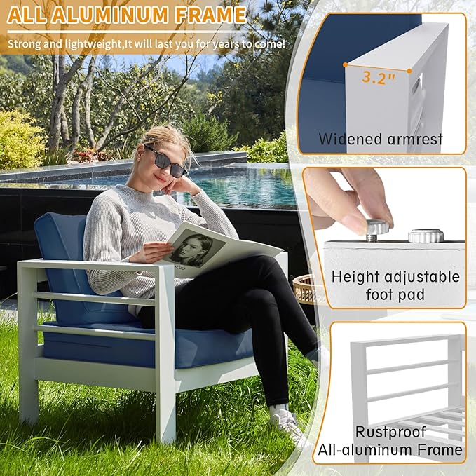 Aluminum Patio Set, 3-Seat Outdoor Furniture Set with 5 Inch Cushions, Patio Furniture Sets with Waterproof Covers for Backyard Garden(White&Blue)