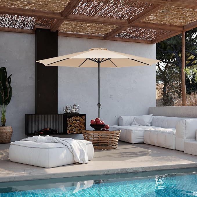 JEAREY 11' Patio Umbrellas Outdoor Table Market Umbrella w/Crank, 8 Sturdy Ribs, UV Protection Windproof for Garden, Deck, Backyard, Pool(Beige)