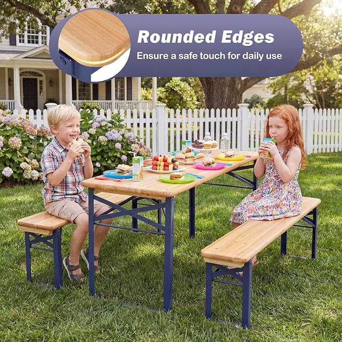 Costzon Kids Picnic Table, 43.5 Inch Folding Picnic Table with 2 Benches, Fir Wood Top & Metal Frame, No Assembly 3-Piece Portable Kids Indoor/Outdoor Furniture for Patio Backyard Daycare (Navy Blue)