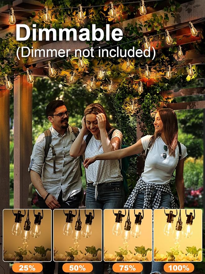 Svater Outdoor String Lights LED 50 FT, LED Patio Light Waterproof IP65 | Dimmable S14 E12 Shatterproof Bulbs,Hanging Lighting for Bistro Cafe Porch Outside Party, ETL-Listed, Warm White