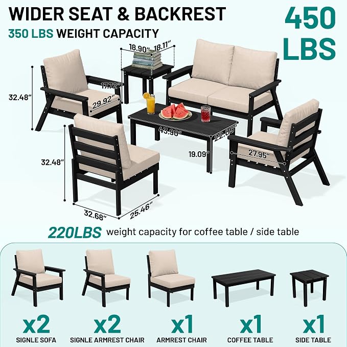 PLUUV 4-Piece HDPE Patio Sofa Set, All-Weather Outdoor Sectional Furniture with Thick Cushions, Modular Couch Set for Deck, Lawn, Black Frame with Khaki Cushion