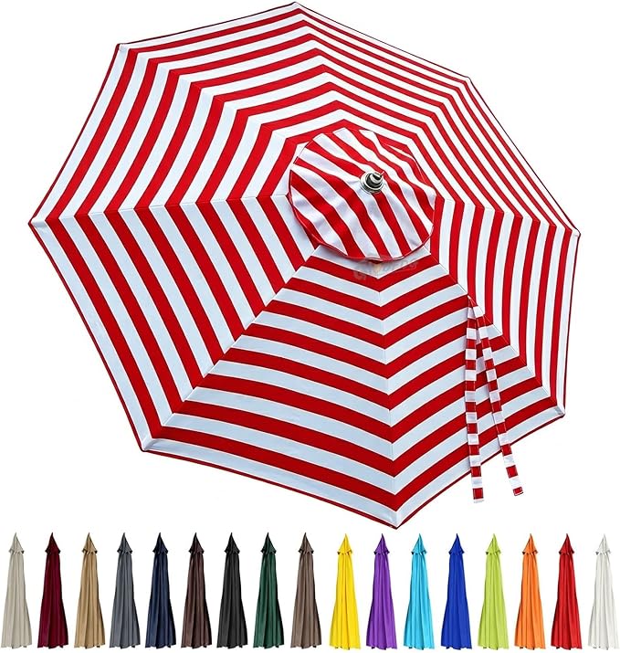10ft Patio Umbrella Replacement Canopy 8 Ribs, Waterproof & Fade Resistant Market Umbrella Cover, Thickened Polyester Fabric for Backyard, Garden and Pool (Canopy Only) (Red stripes)