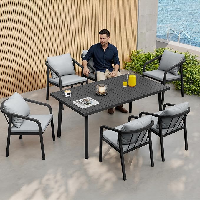 63"x35" Never-Rust Aluminum Outdoor Dining Table – Rectangular Patio Table for 6 with Umbrella Hole, Heavy Duty All-Weather for Poolside, Garden, Backyard, Porch, Deck, Black