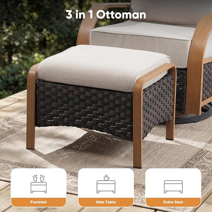 Belord 5 Piece Outdoor Patio Furniture Set with 6-Inch Thick Cushions, Outdoor Swivel Rocker Chairs with Patio Couch and Ottomans, 3 Seater Wicker Sofa for Deck Proch Balcony Yard, Wood & Beige