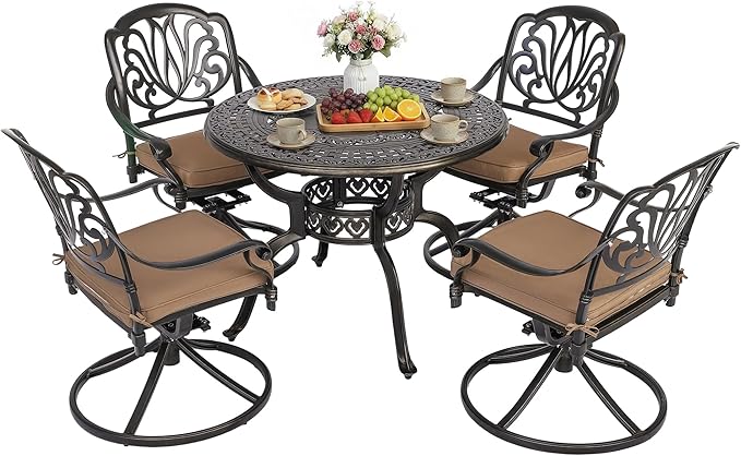 5-Piece Cast Aluminum Outdoor Patio Dining Set, All Weather Cast Aluminum Outdoor Furniture Dining Set for Patio, Balcony, Garden, Backyard w/4 Swivel Chairs & Cushions, 2.0" Umbrella Hole