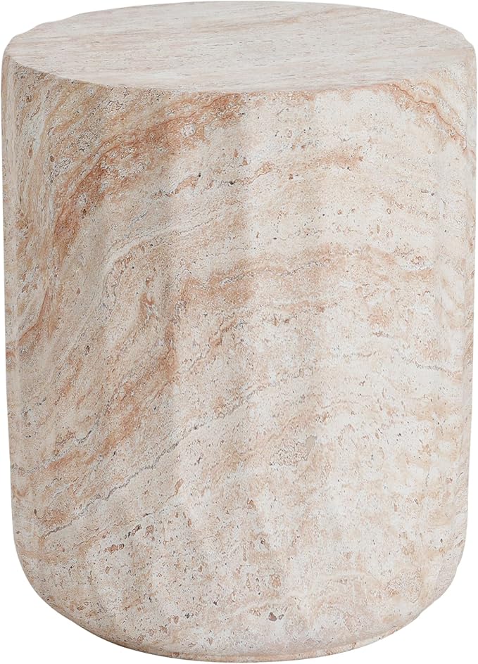Outdoor Side Table 15" Drum Shape Concrete Side Table, Patio Tables for Outside Decorative Garden Stools, No Assembly Accent Table for Patio Porch Living Room, Beige