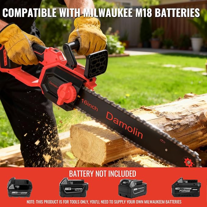 2-IN-1 Brushless Electric Chainsaw Cordless Compatible with Milwaukee M18 Battery, 12-Inch/16-Inch Battery Powered Chainsaw with Auto Oiler, 2x 12''+16'' Chains for Tree/Wood Cutting Pruning-ONLY TOOL