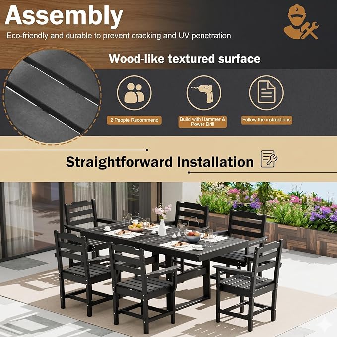 7 Piece Outdoor Dining Set All Weather HDPE Patio Table and Chairs Set for 6 with Umbrella Hole Outdoor Furniture for Deck, Backyard, Garden (Black)