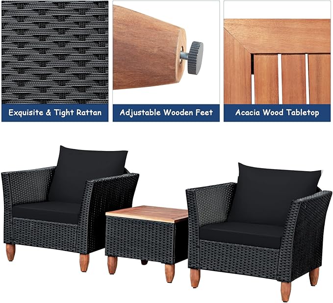 COSTWAY 3 Pieces Patio Rattan Furniture Set, Outdoor Wicker Conversation Chairs Set with Acacia Wood Coffee Table & Washable Cushion, Porch Furniture Bistro Set for Balcony, Garden, Backyard, Black