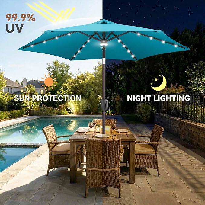 Jarka&Co 7.5ft Solar Patio Umbrella - Lighted Solar Outdoor Umbrella with 24 LED Lights Waterprool UV Protection, Market Table Umbrella with Tilt for Backyard, Garden, Pool, Porch (Aqua Blue)