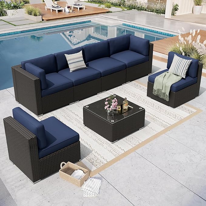 7 Pieces Outdoor Patio Furniture Set, Black Brown Wicker Patio Sectional Sofa Set, Outdoor Couch with Cushion and Tempered Glass Table, Dark Blue