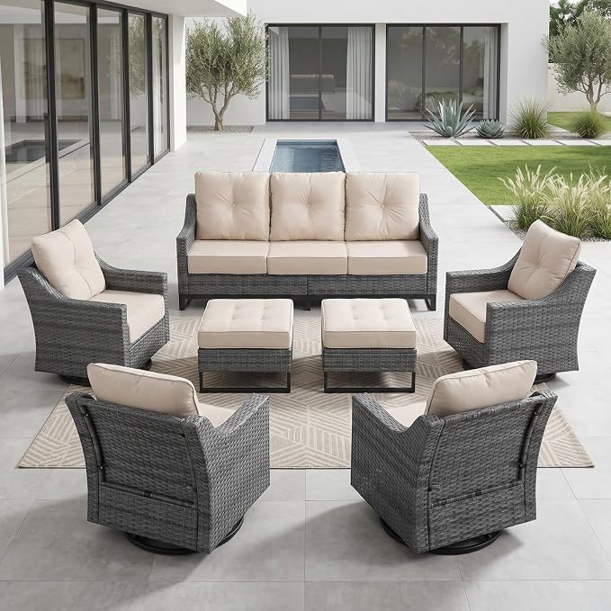 7-Piece Outdoor Patio Furniture Set, Grey Wicker Conversation Set with Sofa, 4 Swivel Chairs and 2 Ottomans, 6-Inch Beige Cushions for Deck, Backyard, Poolside