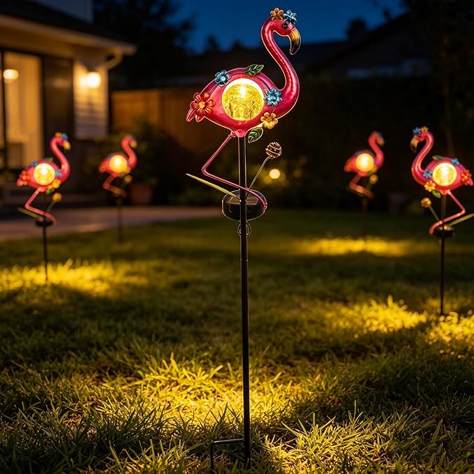 Solar Flamingo Garden Stake Lights Outdoor 2 Pack Metal Flamingo Lawm Ornament Waterproof Decorative Garden Stakes Patio Gifts for Women Mam Girls Landscape Outside Decorations for Yard