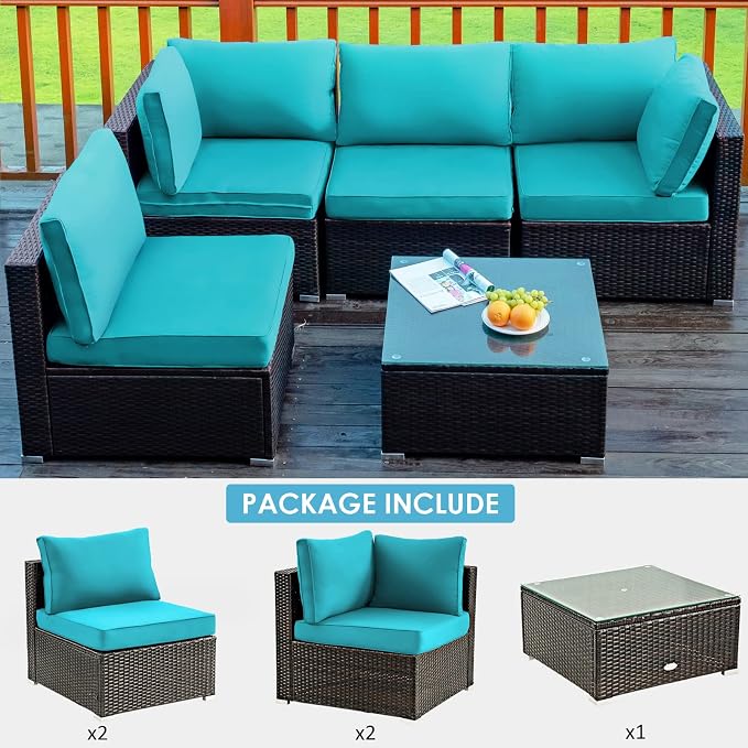 Tangkula 5 Pieces Patio Furniture Set, All Weather Wicker L-Shaped Corner Sofa Set w/Soft Cushions, Outdoor Sectional Conversation Couch Set w/Glass Table for Backyard Garden Poolside (Turquoise)
