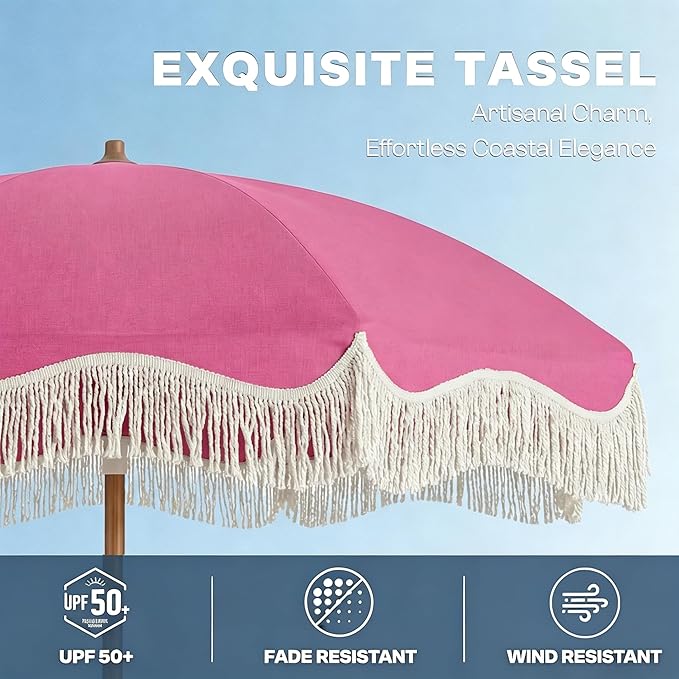 7FT Patio Umbrella with Fringe, Outdoor Tassel Umbrella with Fiberglass Ribs, Boho Beach Umbrella, Push Button Tilt and Carrying Bag, UPF50+