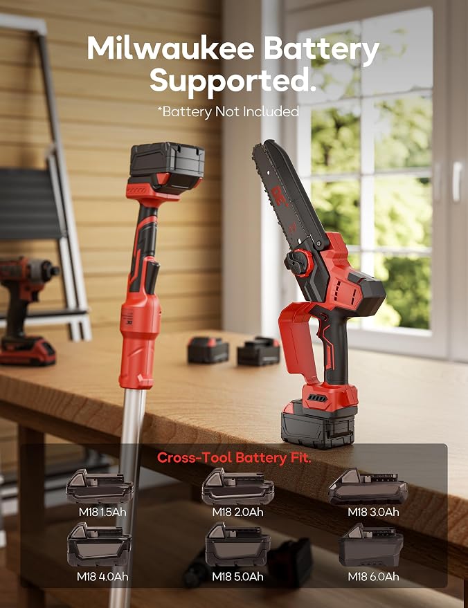 DeForce 2-in-1 Cordless Electric Pole Saw, for Milwaukee M18 18V Battery, Brushless 8" Mini Chainsaw for Tree Trimming, Battery Powered Pole Saw, 16 ft Max Reach, with Extension Pole(Bare Tool Only)