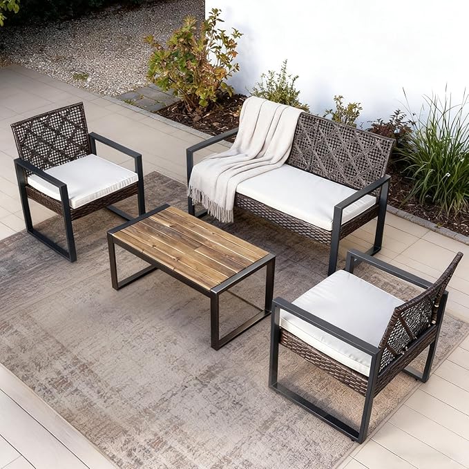 COOS BAY Haven Lounge 4 Piece Rattan Patio Furniture Set, Outdoor Wicker Patio Conversation Set for Balcony & Backyard, Dark Brown/Beige