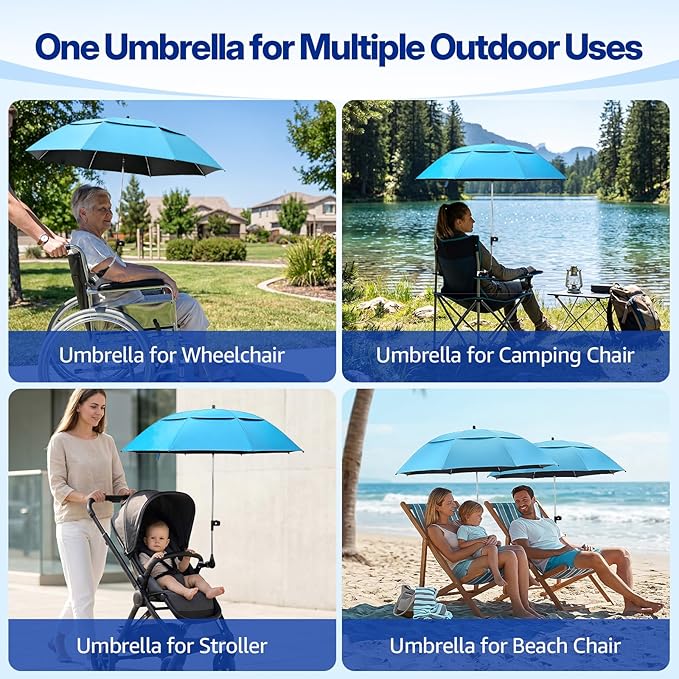 2 Pack 42 Inch Double Canopy Beach Chair Umbrella with Clamp, UPF50+ Clip on Beach Umbrella with 360° Swiwel Arm & Adjustable Clip, Portable Sun Shade for Wheelchair, Stroller, Camping
