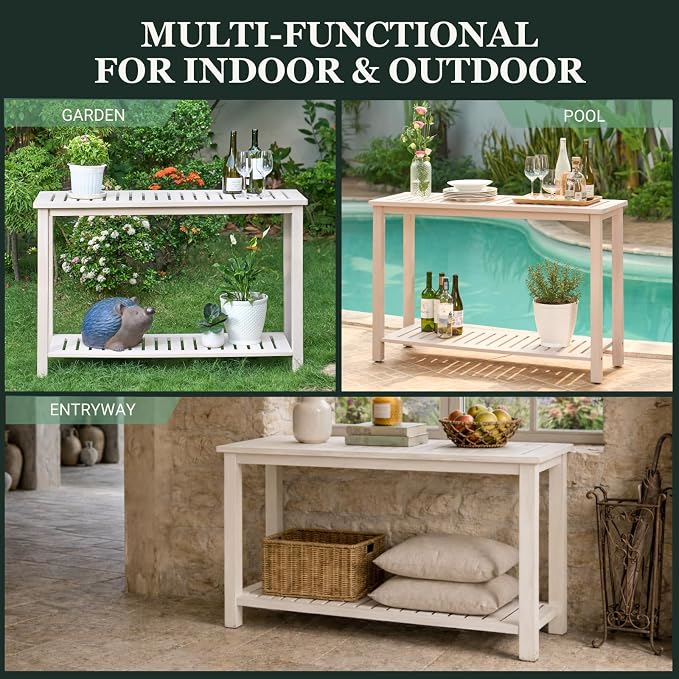 Premium 2-Tier Wooden Console Table with Storage Shelf Solid Eucalyptus Wood 48.03"x 16.14"x 31.1" Entryway Sofa Table for Hallway, Living Room (Whitewash)