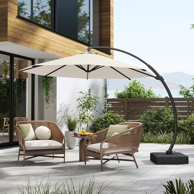 12FT Cantilever Umbrella with Base Large Curvy Outdoor Aluminum Offset Umbrella w/ 360° Rotation, UV Resistant Canopy for Patio, Garden, Backyard, Creamy White
