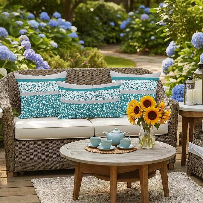 Teal Floral Outdoor Pillow Covers 24x24 Inch Throw Pillow Covers Set of 2 Waterproof Decorative Pillow Cases Botanical Blossom Motif Boho Grey Stripes Cushion Covers for Patio Furniture Garden Couch
