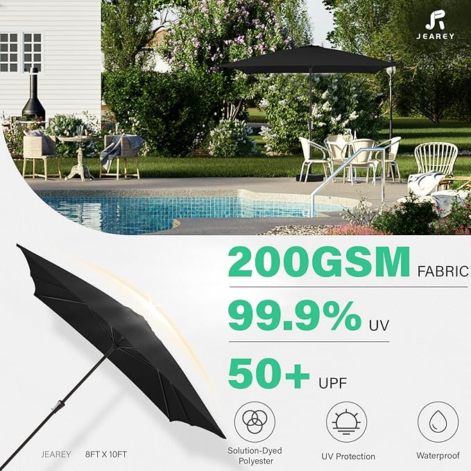 JEAREY 8x10 ft Rectangular Patio Umbrellas Outdoor Table Market Umbrella w/Crank, 8 Sturdy Ribs, UV Protection Windproof Sunproof for Garden, Deck, Backyard, Pool(Black)