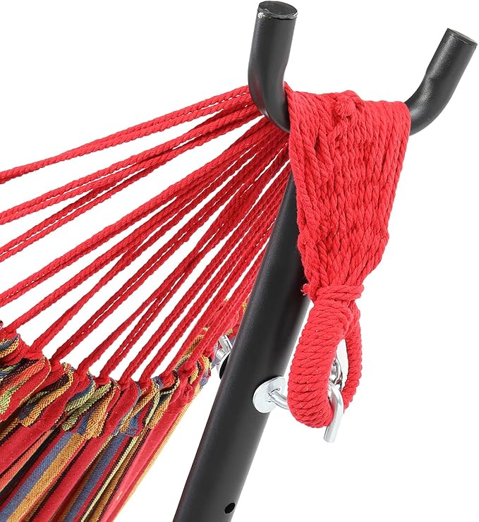 Cotton Hammock with Space Saving Steel Stand,9ft Black Steel Pipe Hammock Frame with 200 * 150cm Polyester Cotton Hammock Iron Hammock Set (Red Stripe B)