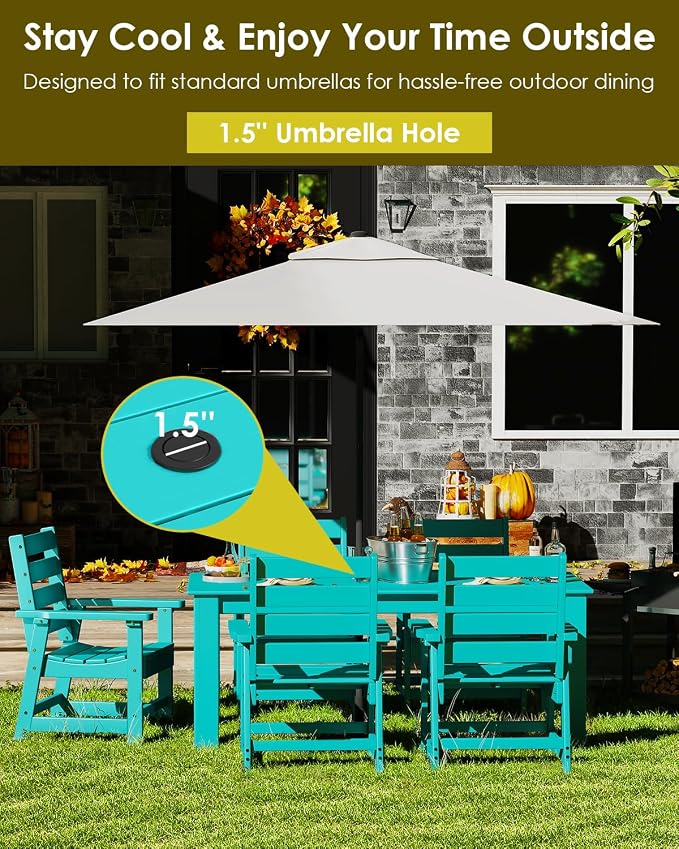 GREENVINES 7-Piece Outdoor-Dining-Set | HDPE Plastic 67'' Table and Chairs Sets for 6 | Patio Furniture | All Weather | Umbrella Hole | Aqua | for Poolside Garden Backyard
