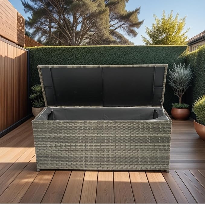 220 Gallon Patio Storage Box, Outdoor Wicker Storage Box with Waterproof Lining Bag and Lid, Storage Bin for indoor, outdoor, deck, garden, patio, porch, poolside (113 Gallon)
