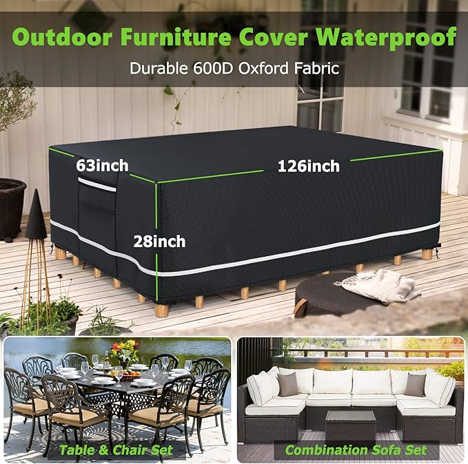 Patio Furniture Covers Waterproof, Heavy Duty 600D Outdoor Furniture Covers for Outside Sectional Sofa Set,Tear Resistance and Anti-UV,126"L x 63"W x 28"H, Black with White Border