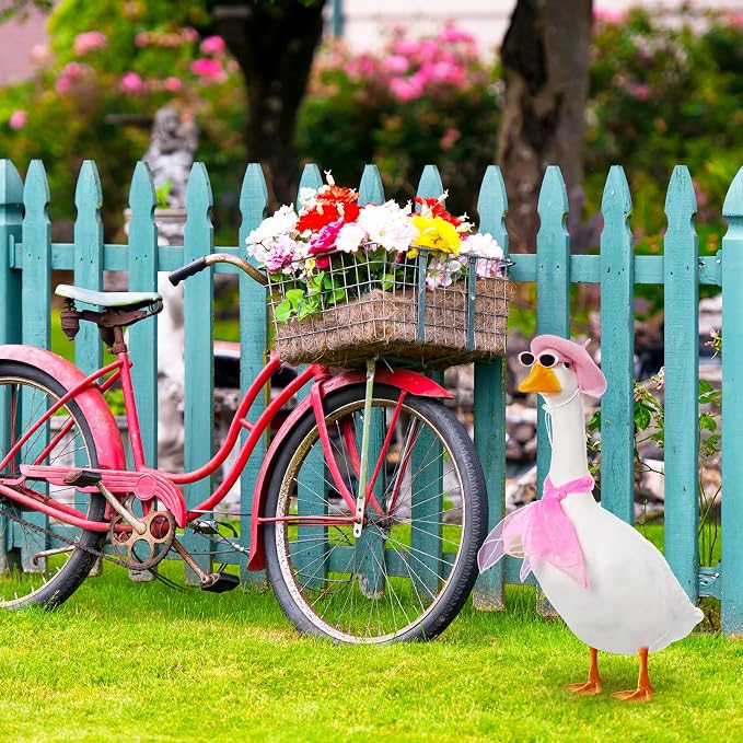 Yaomiao 3 Pcs 50s French Porch Goose Outfit Set for 23'' 17'' Cement Lawn Goose Costume Beret Hat for Carnival Statue Decor (Pink)