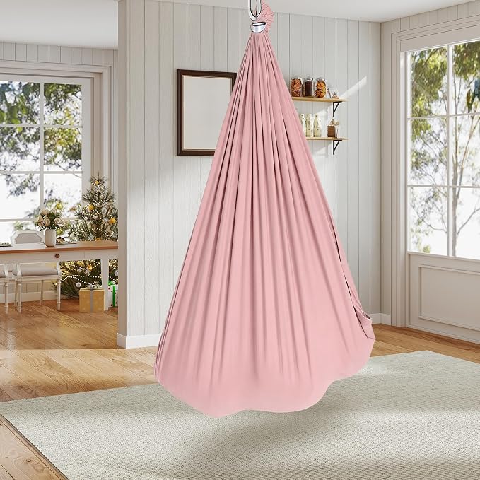 PrecisionAuto Dual-Layer Sensory Hammock Swing for Kids & Adults – Deep Pressure Therapy, 360° Swivel, Indoor Outdoor, Heavy Duty, Supports 300 lbs, Autism & ADHD Relief, Light Pink