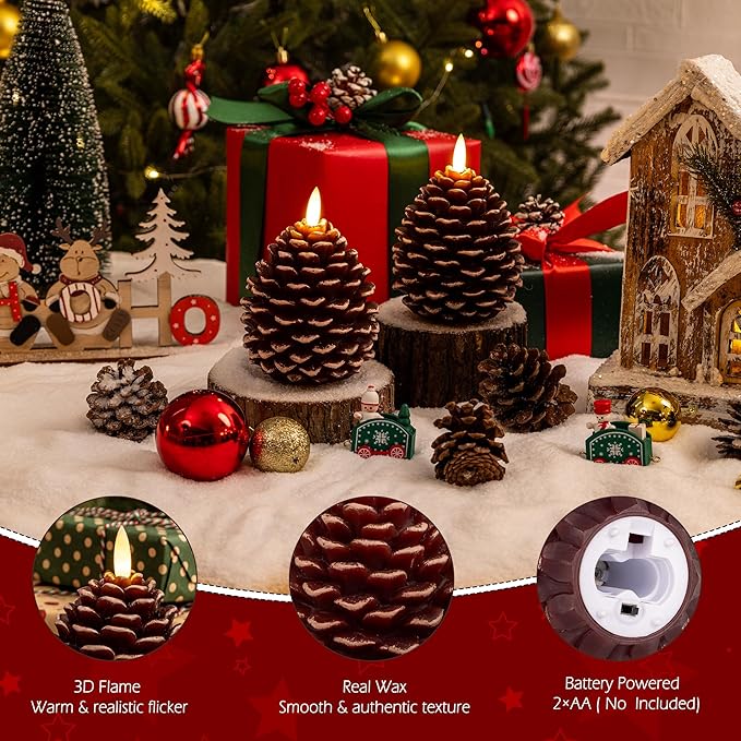 Christmas Pinecone Candles Flameless, Real Wax Battery Operated Pine Cone Candles with Remote, 2 Pack Flickering Led Candle Christmas Decorations for Winter Home Holiday Xmas Gift, Brown