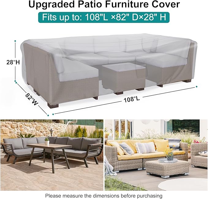 Patio Furniture Set Cover Waterproof, Heavy Duty Funiture Covers for Outdoor Sectional Sofa Set Wicker Rattan Table Chair Rectangular,108"L×82"W×28"H,Grey