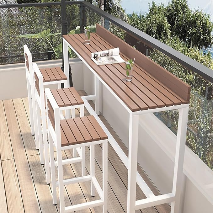 Outdoor Bar Table, Patio Pub Height Table with Anti-Fall Baffle, All-Weather Bar Height Counter Table, Narrow Dining Table for Hot Tub, Garden & Backyard(Color:White+Wood,Size:L-55.1in)