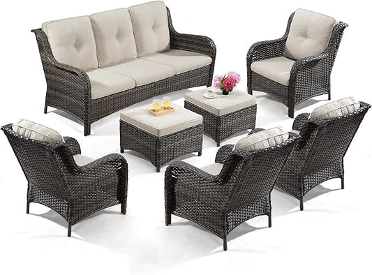 Wicker Patio Furniture Sets 7 Piece Set with One 3-Seat Sofa, 4 WIkcer Chairs, 2 Ottomans, Wicker Outdoor Furniture Set Patio Conversation Set, Beige
