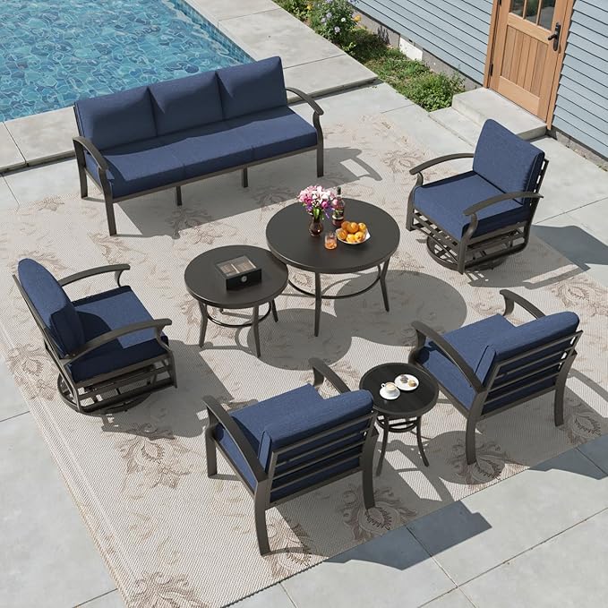 Aluminum Patio Furniture Set,7 Seats Outdoor Sectional with 2 Round Coffee Tables,Patio Conversation Sets w/5.1" Upgraded Thick Cushions for Backyard, Garden and Poolside,Navy