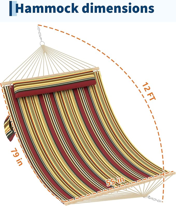 Garvee Double Quilted Fabric Hammock with Hardwood Spreader Bars and Pillow 450 LBS Capacity 2 Person Large Hammock for Outdoor Patio Backyard Poolside（Red and Yellow Stripes）